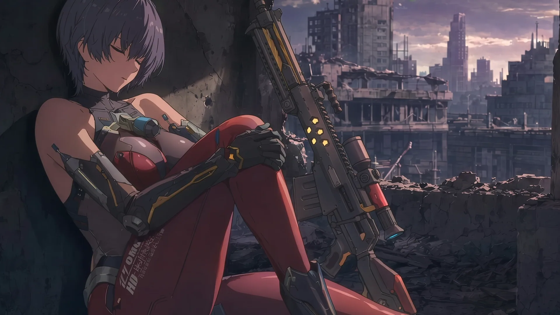 Pilot resting with rifle in a ruined city