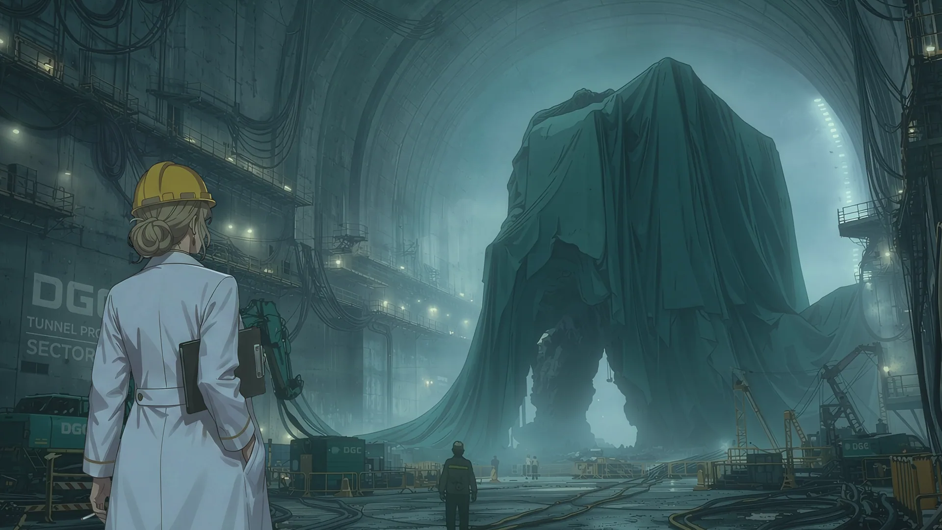 Researcher facing a covered giant structure in an underground hangar