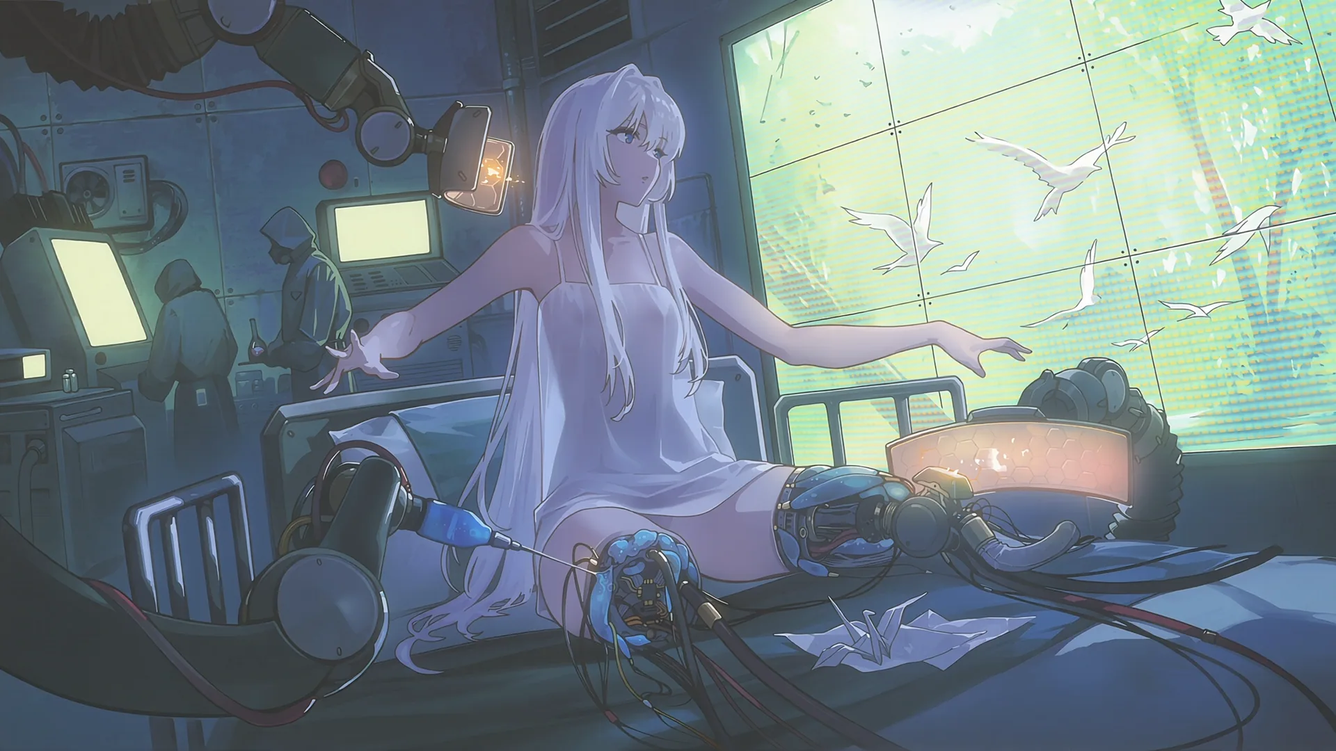 White-haired character in a lab room with birds on a display wall