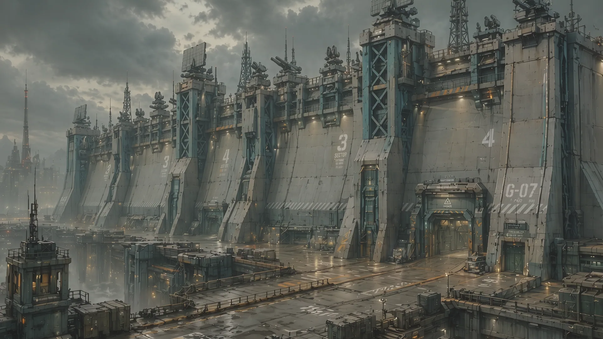 Massive futuristic fortress wall under storm clouds