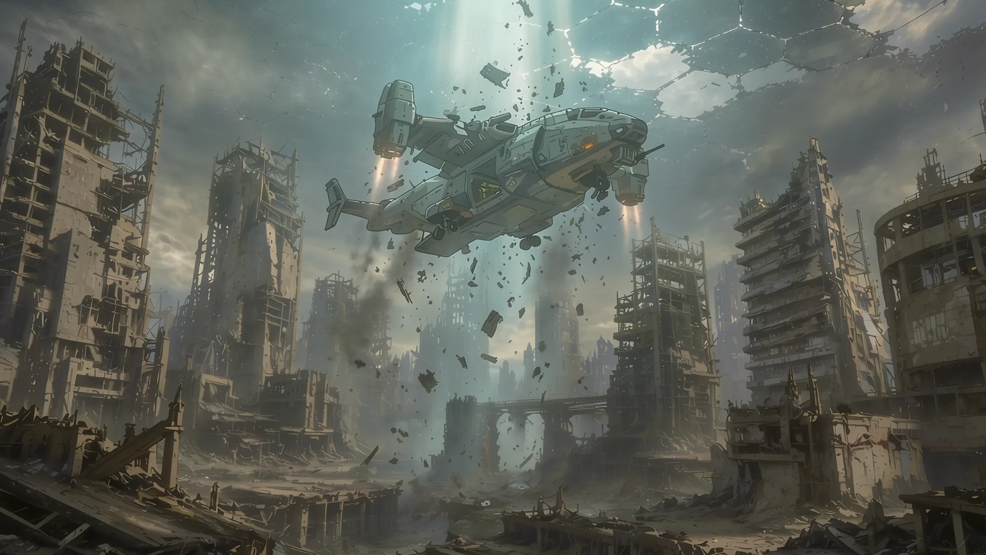 Aircraft hovering over ruined towers under broken sky
