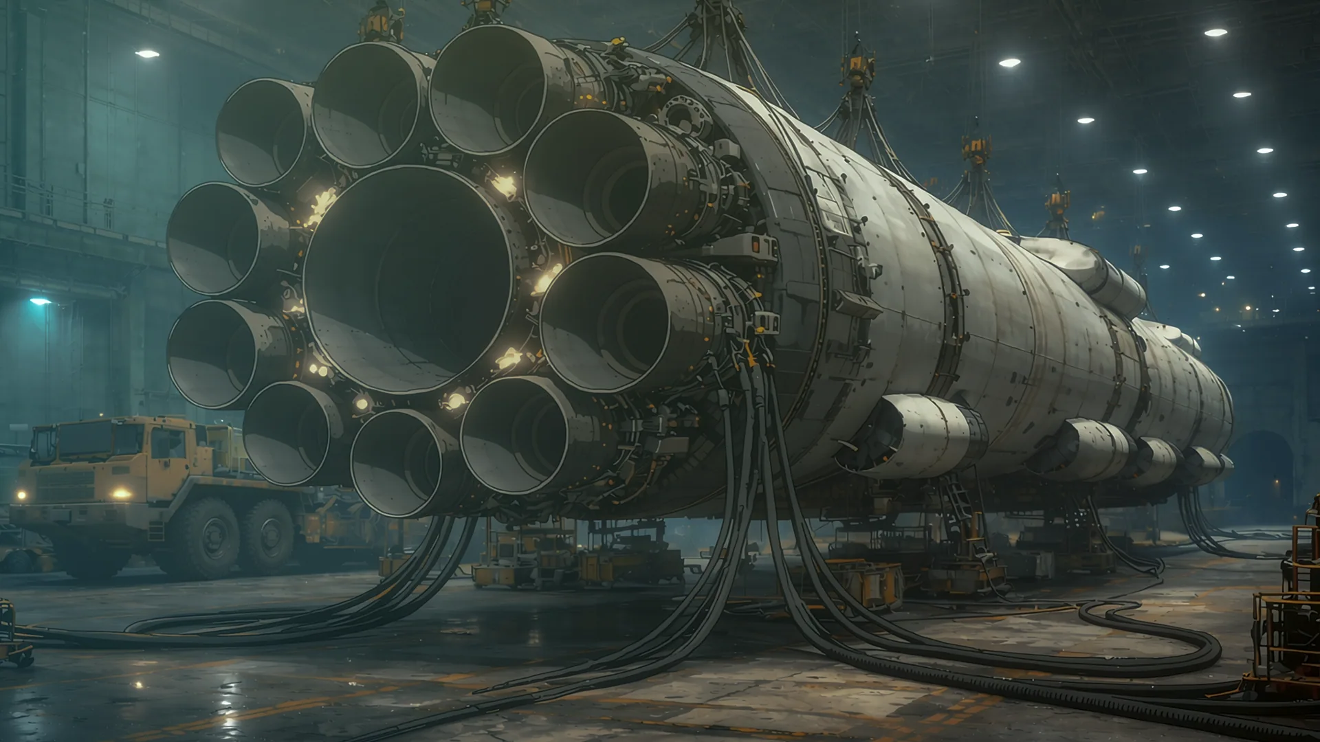 Large rocket-like machine suspended in an industrial hangar