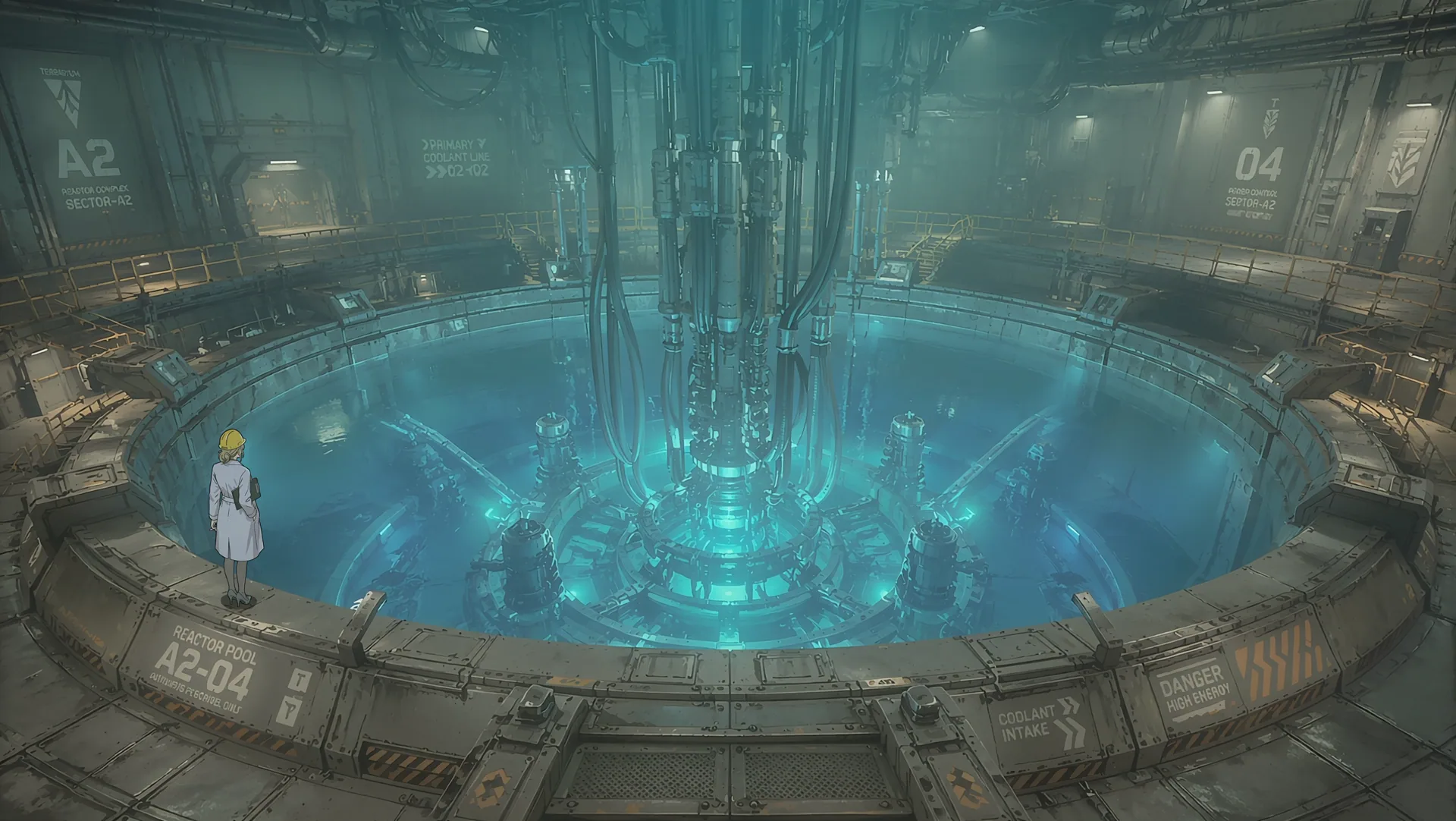 Blue glowing reactor pool in an underground facility