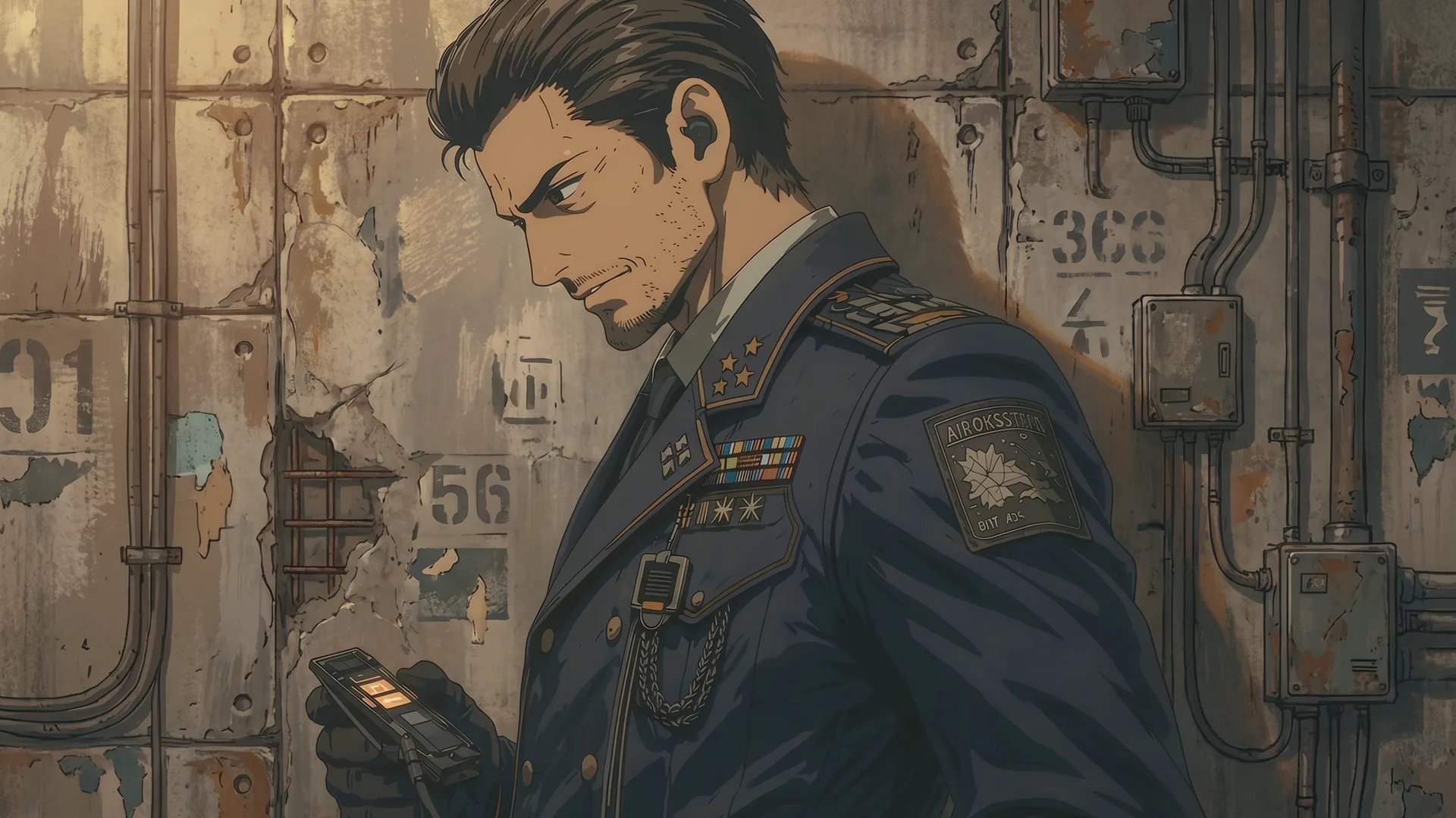 Commander in uniform using a handheld device near a worn wall