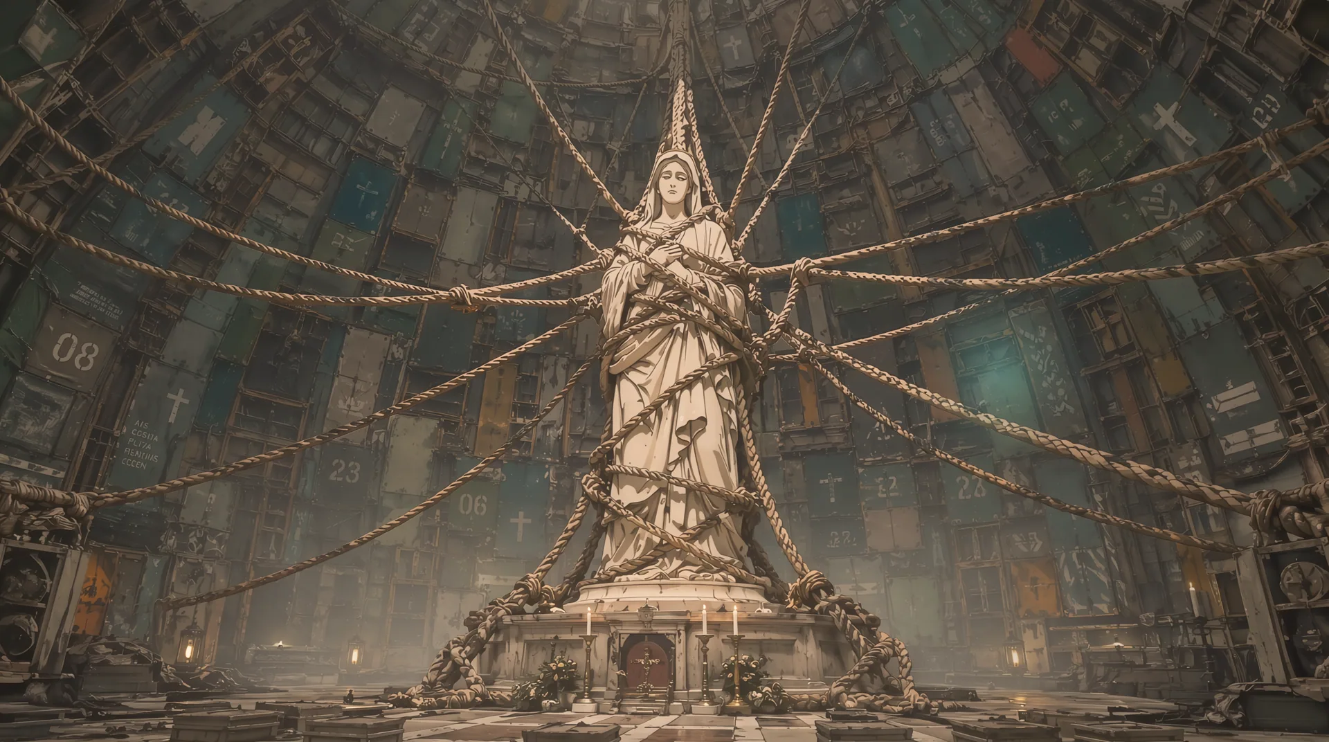 Roped statue inside a circular sanctum