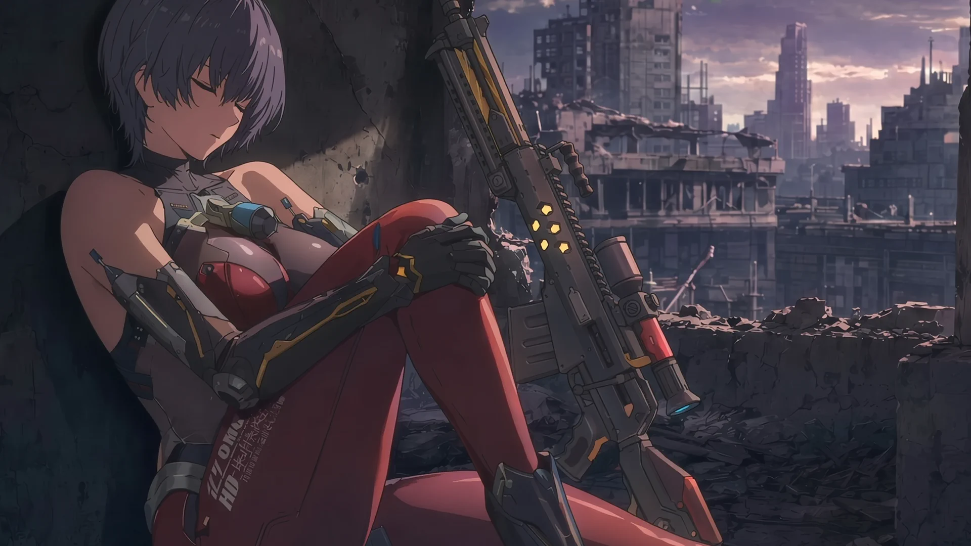 TERRARIUM pilot resting with a rifle in a ruined city