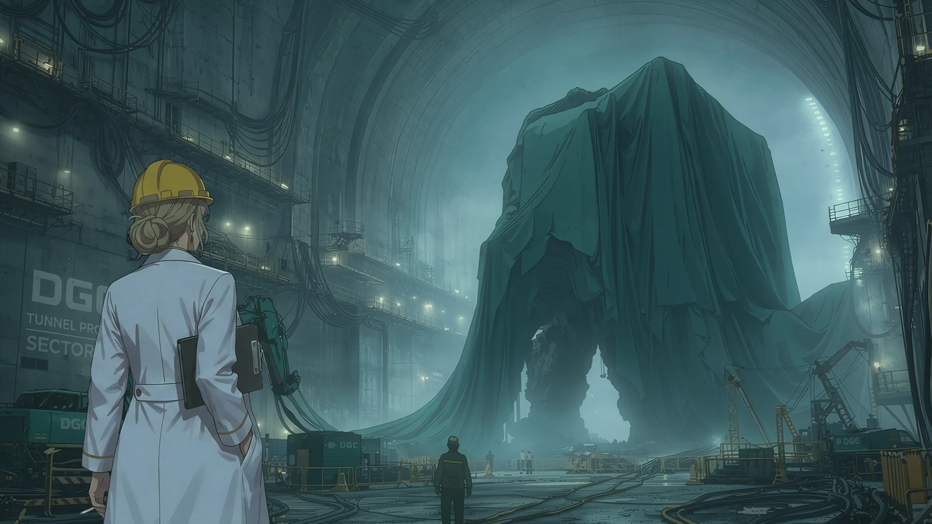 TERRARIUM researcher facing a covered colossus in a tunnel bay
