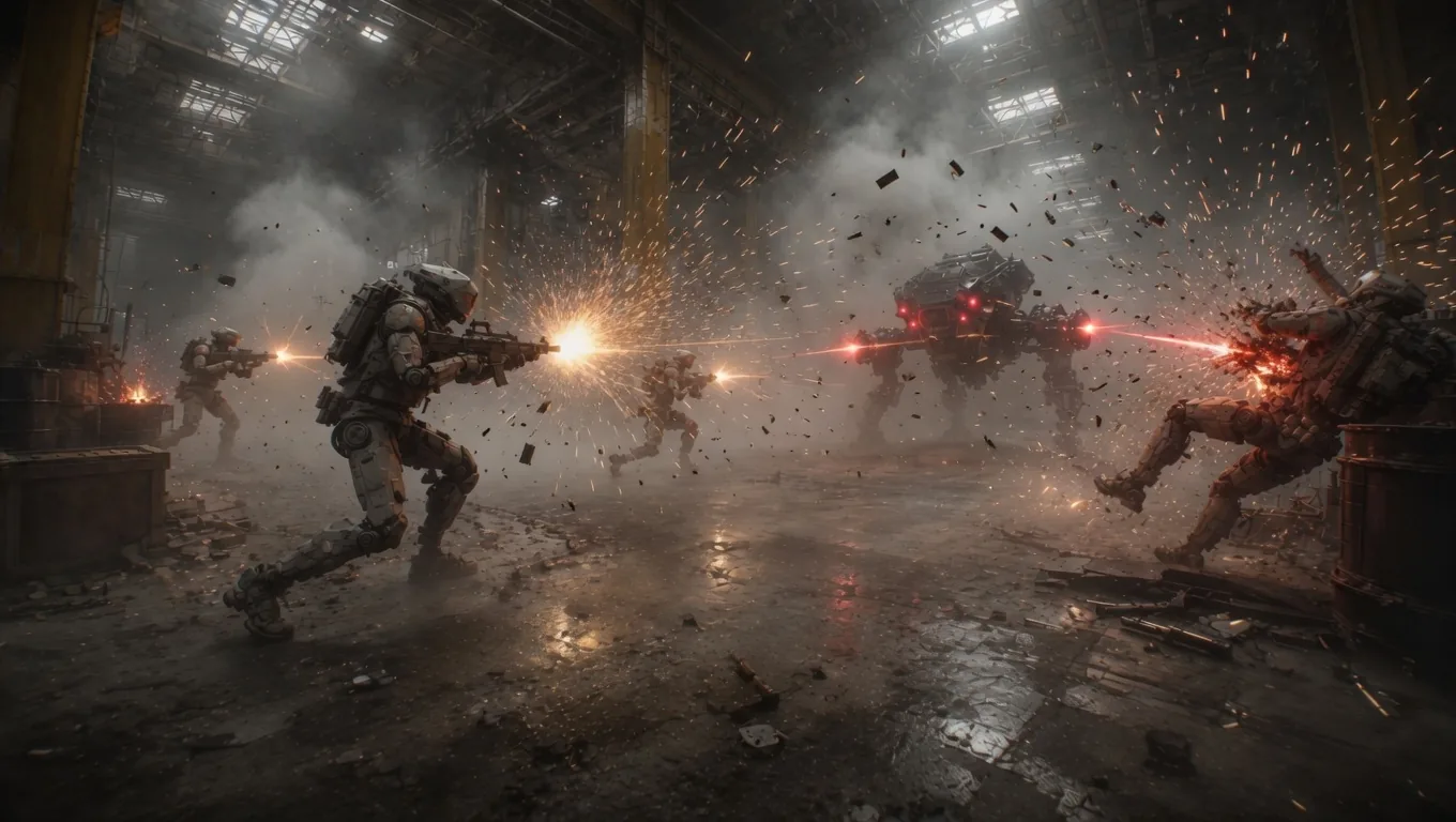 PROJECT MOVE soldiers fighting machines inside an industrial hall
