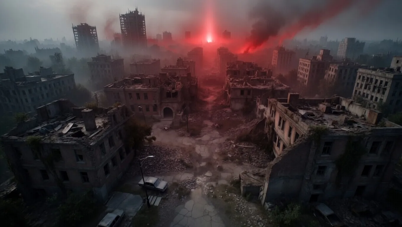 A ruined city with a red beacon in the distance