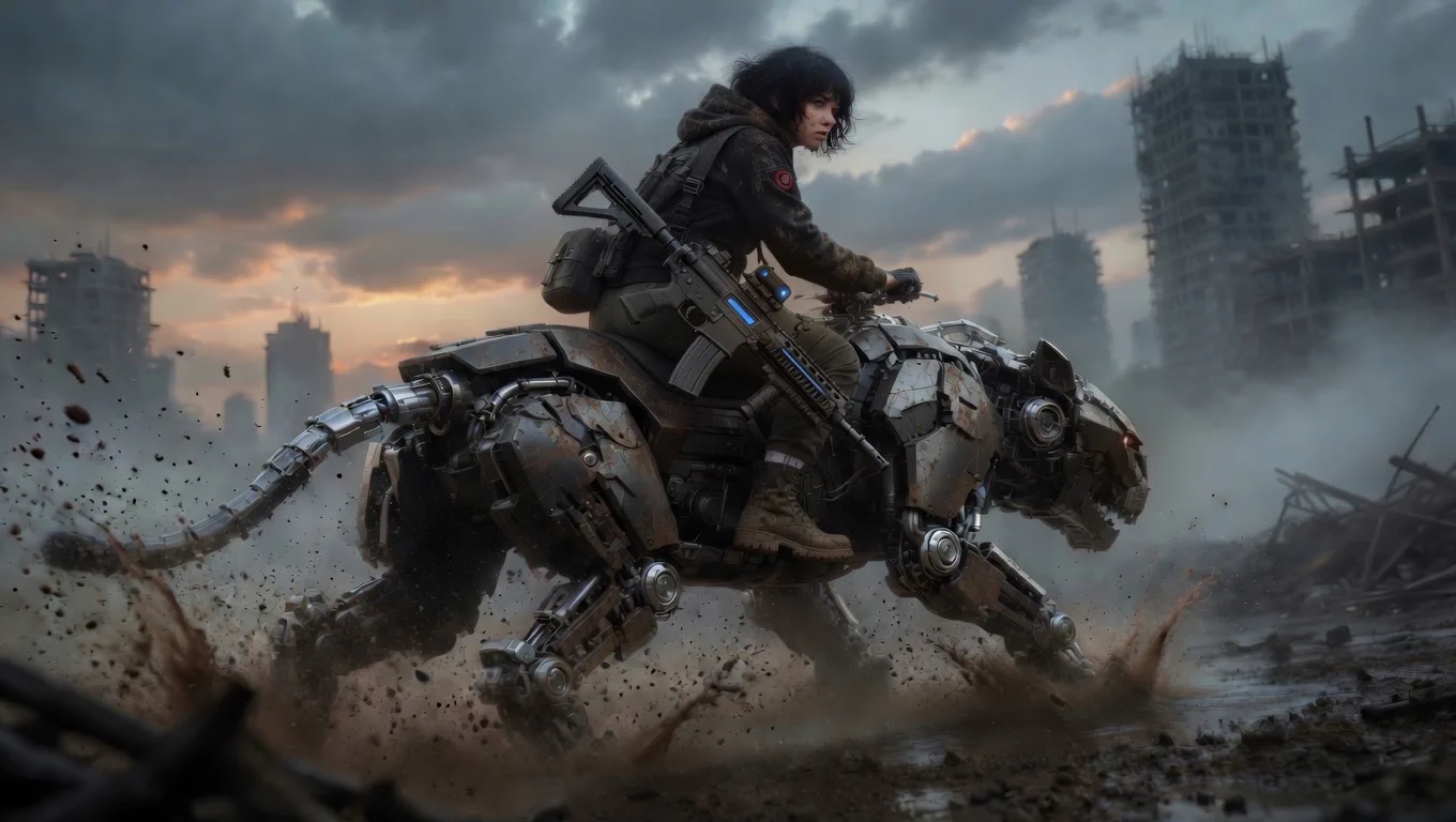 PROJECT MOVE rider crossing ruins on a mechanical animal