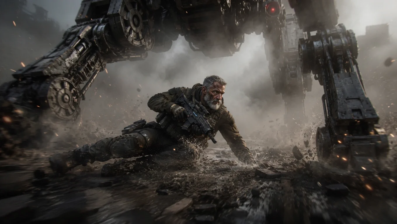PROJECT MOVE soldier crawling beneath a giant mech