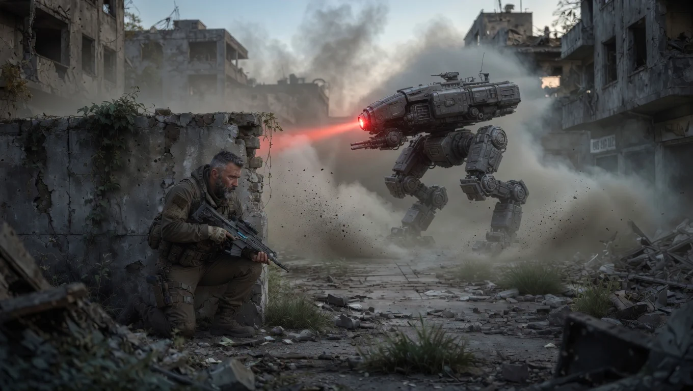 PROJECT MOVE soldier taking cover from a walking drone