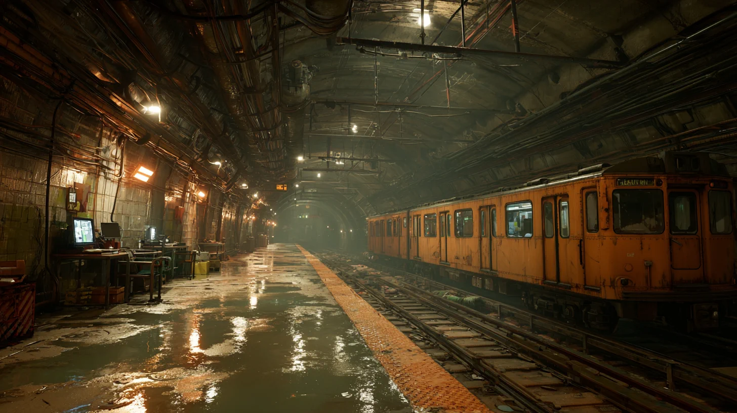 PROJECT MOVE underground train platform in a worn tunnel